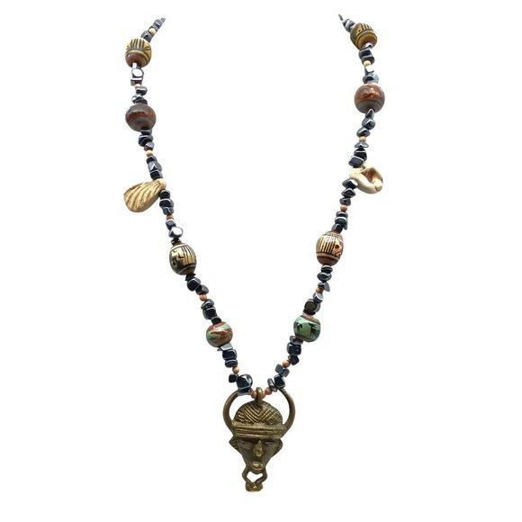 African-Inspired Brass Tribal Mask Pendant Necklace with Ceramic & Stone Beads - Picture 1 of 4